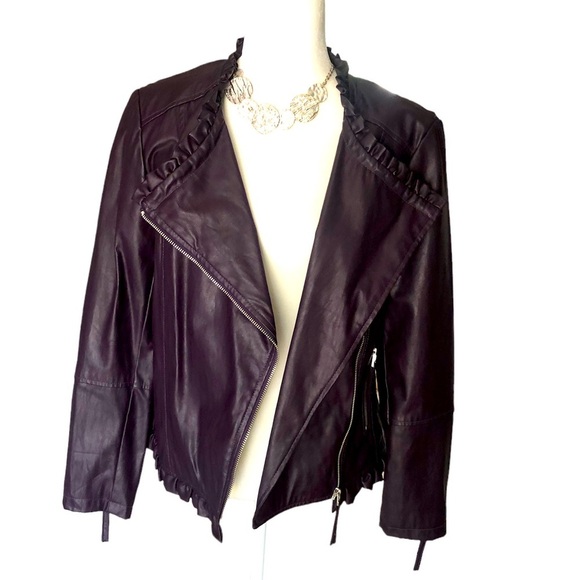 INC Purple Fitted Moto Jacket, Ruffle Trim, Faux Leather, Women’s Medium, NWOT - Picture 2 of 5